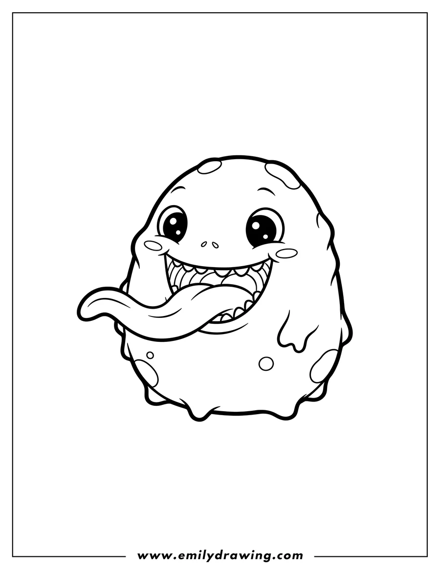 High quality printable kawaii Slimer smiling with a wide open mouth and tongue sticking out for coloring