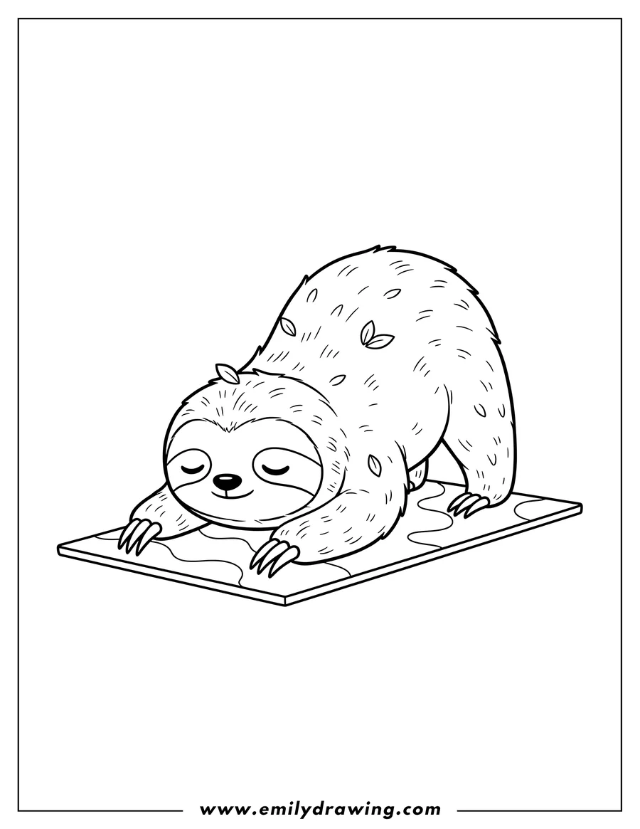 Downloadable coloring page of kawaii Sloth Downward Dog pose on a yoga mat