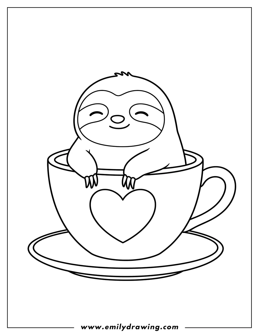 Doodle style coloring picture of kawaii Sloth with closed eyes and a gentle smile, sitting in a teacup with a heart design, on a saucer, Preschoolers Scaled