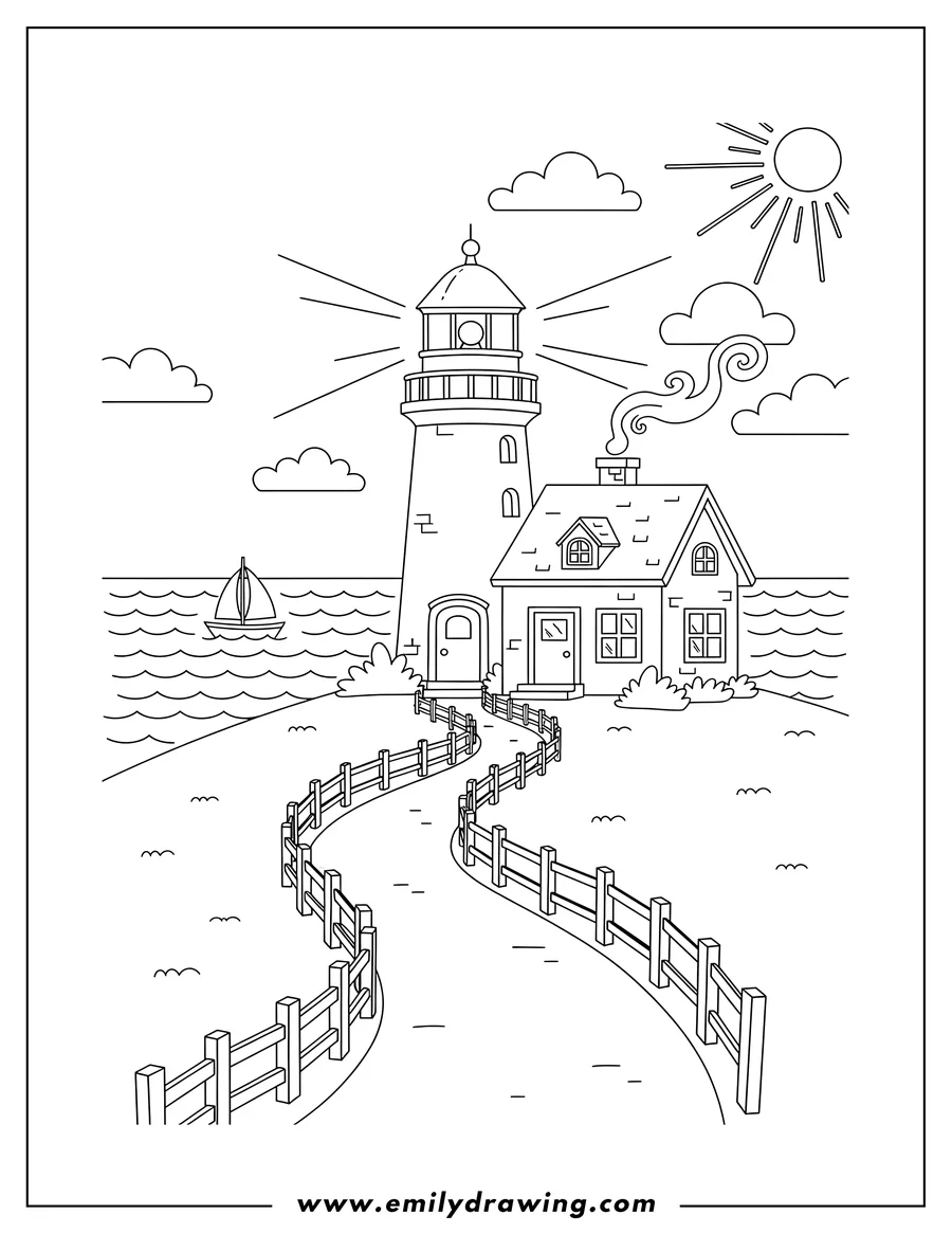Linear illustration of small Lighthouse With A House Beside It, A Fenced Path, And A Boat At Sea