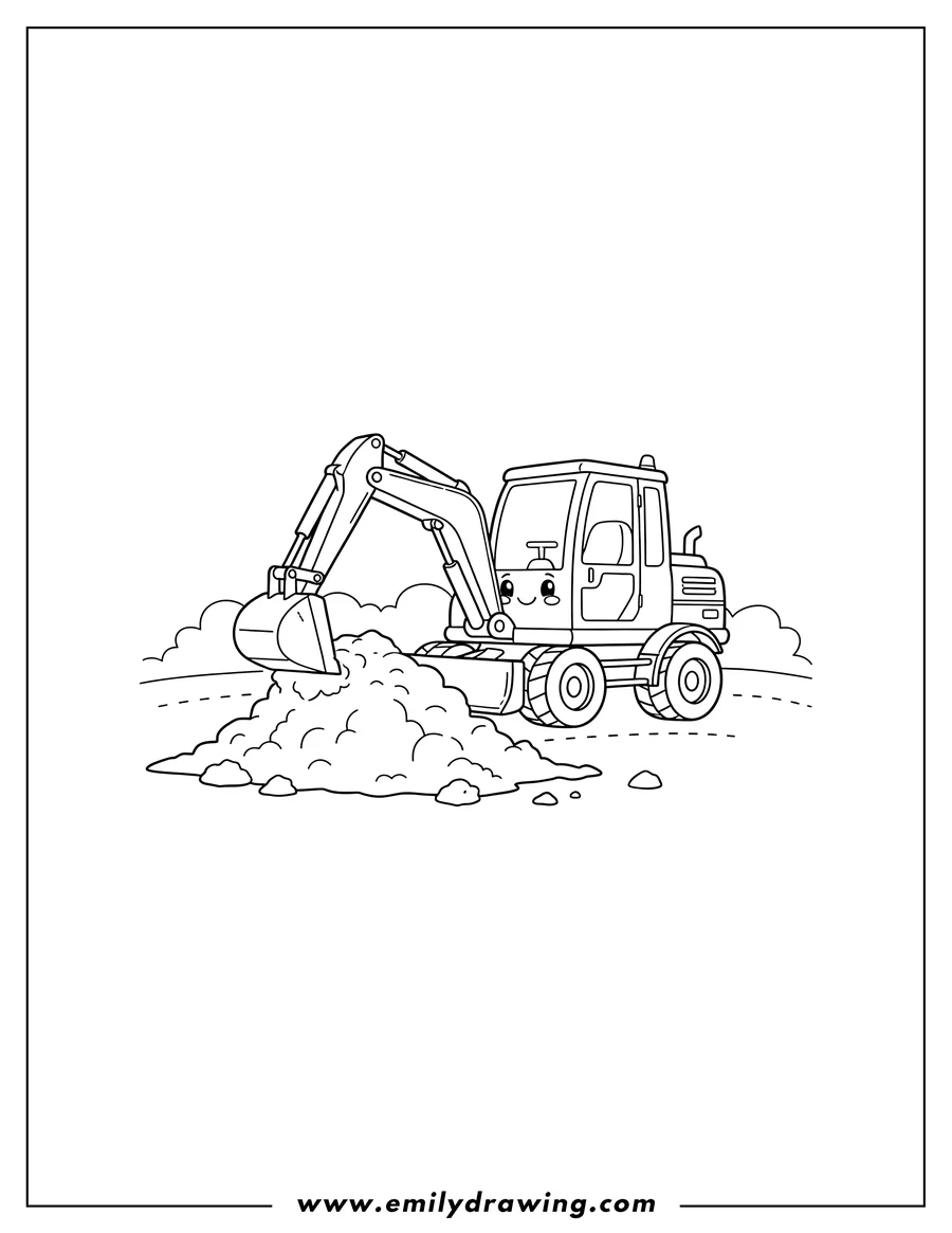 Full page coloring image of small One Person Excavator digging dirt