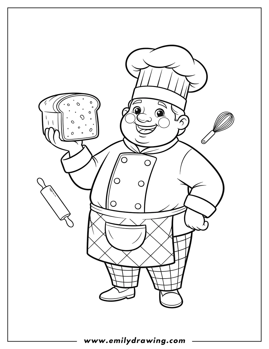Printable coloring page of easy Baker Community Helper, a smiling cartoon baker holding a slice of bread