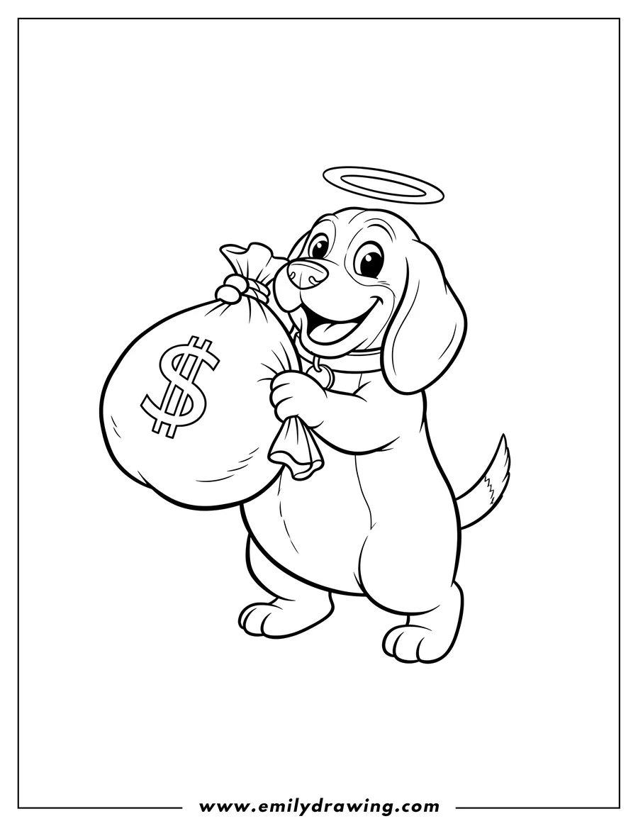 Downloadable coloring page of smiling Bigtime Beagle with a halo, carrying a money bag