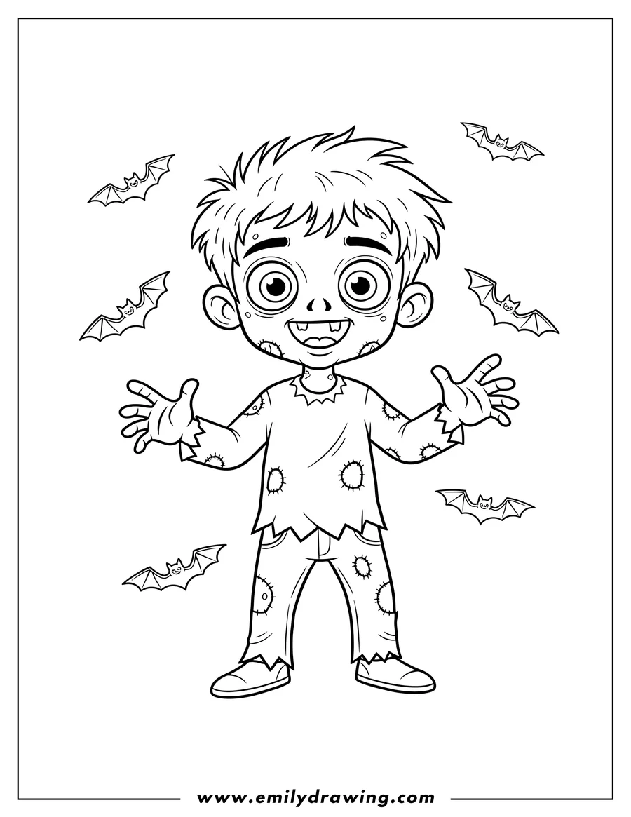 Outline drawing of smiling Boy Zombie With Bats Background, with big eyes, messy hair, and tattered clothes