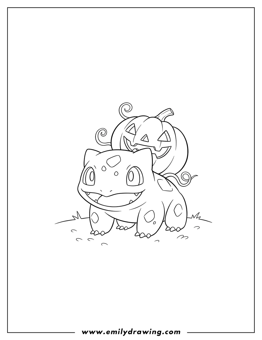 Coloring page for kids: smiling Bulbasaur carrying a grinning jack-o'-lantern on its back