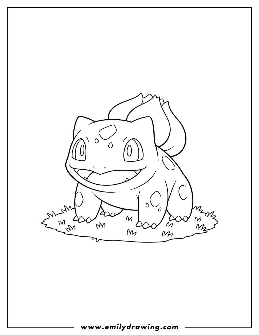 Full page coloring image of smiling Bulbasaur Pokemon standing on grass to color