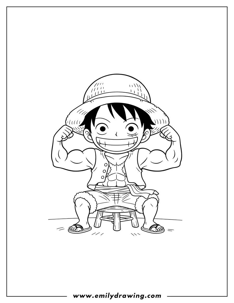 Coloring page of cute Luffy smiling, showing off biceps while sitting