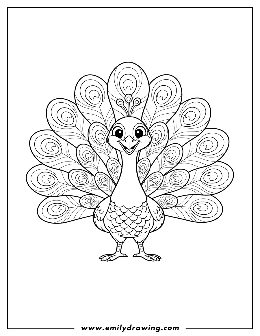 Free printable coloring sheet of smiling Cartoon Peacock Scaled, with fanned tail and crest, standing
