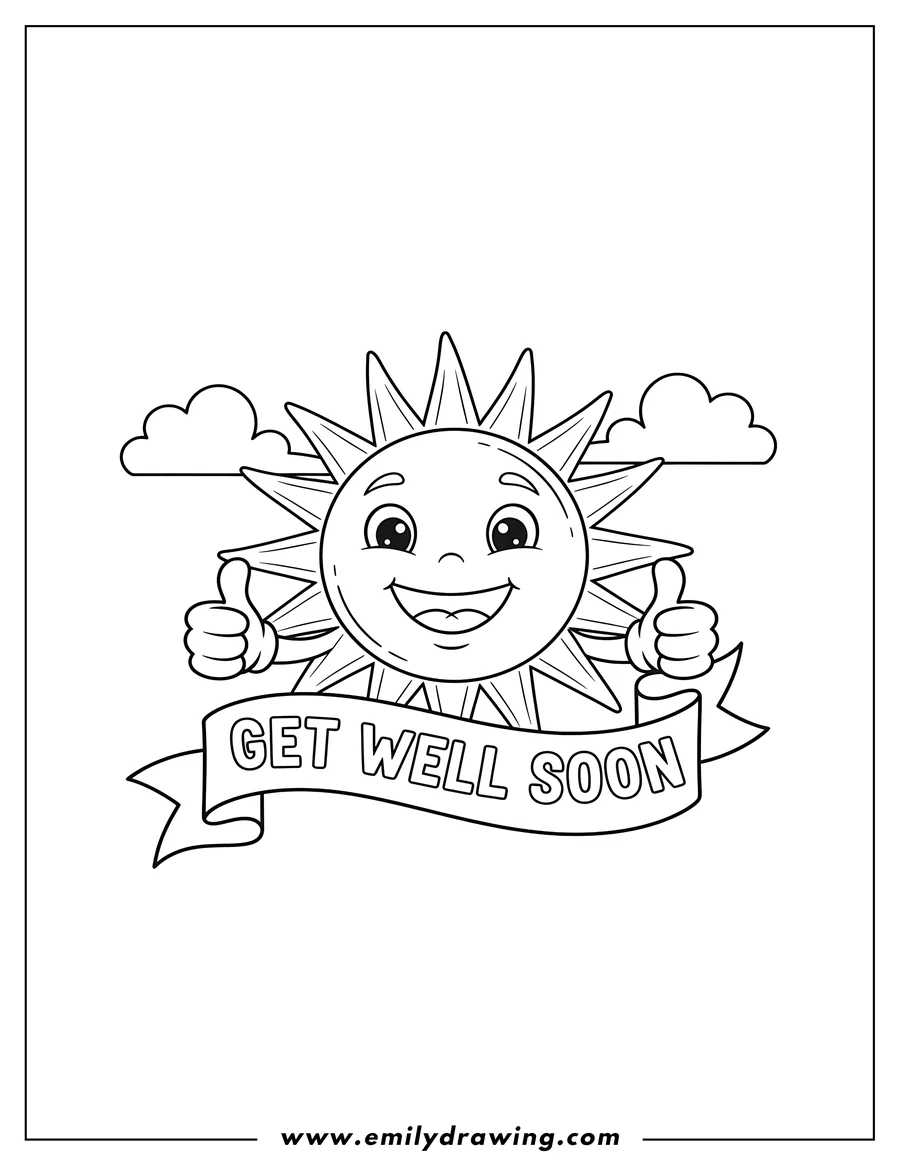 Coloring page of smiling Cartoon Sun holding two thumbs up, with a Get Well Soon banner and clouds