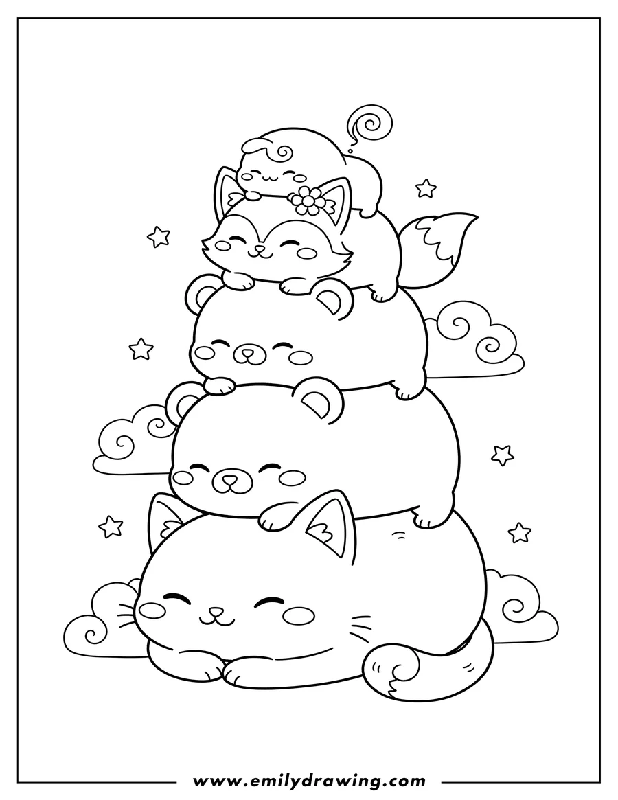 Downloadable coloring page of kawaii Smiling Critters On Top Each Other, snuggling and dozing