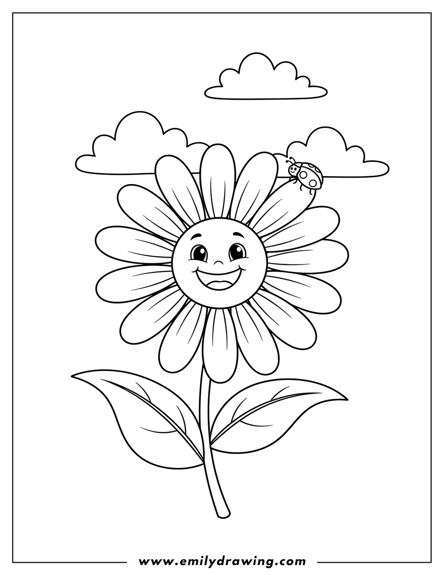 Free printable coloring sheet of smiling daisy with two leaves and a ladybug perched on a top petal, with clouds