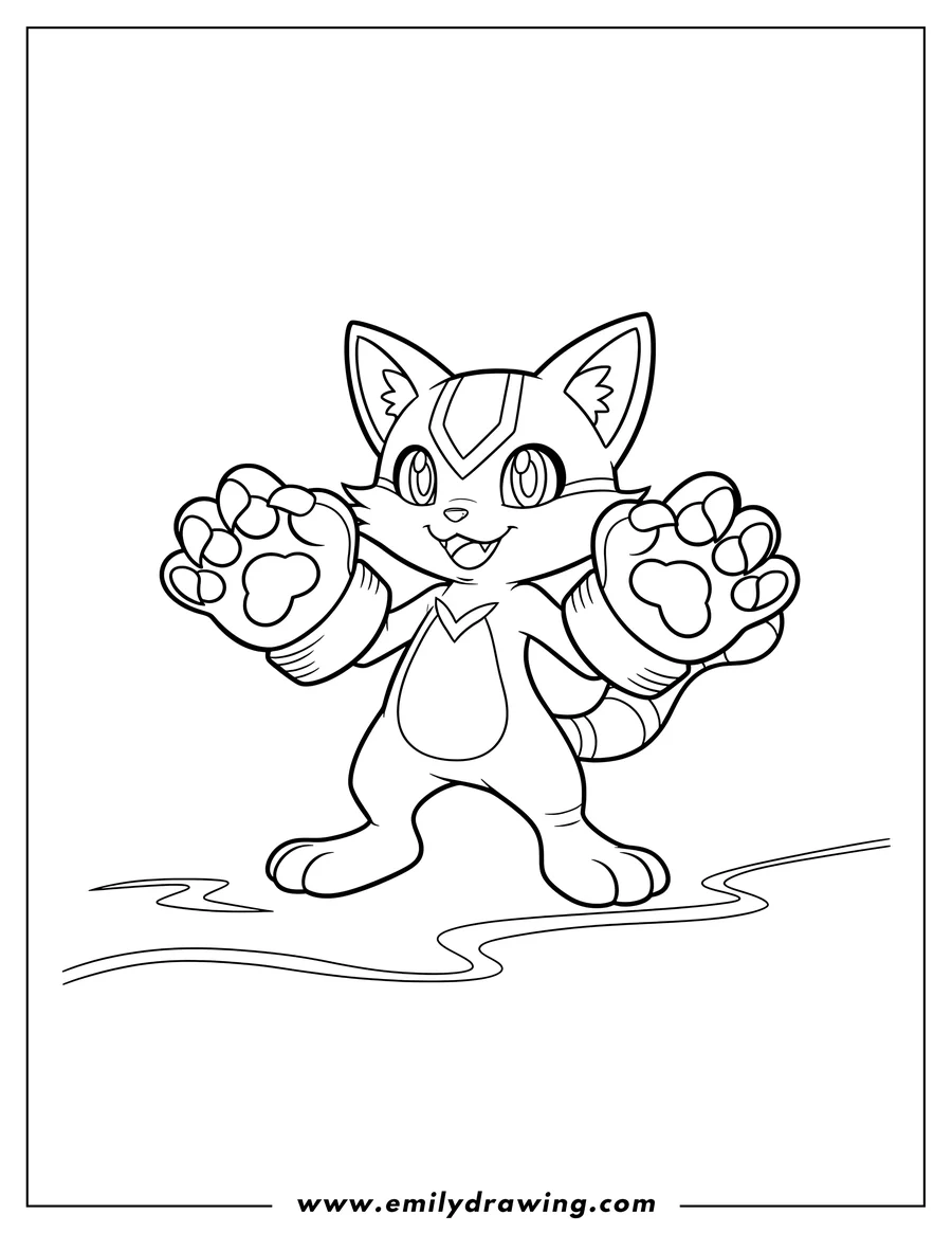 Free printable coloring sheet of smiling Gatomon standing with large claws