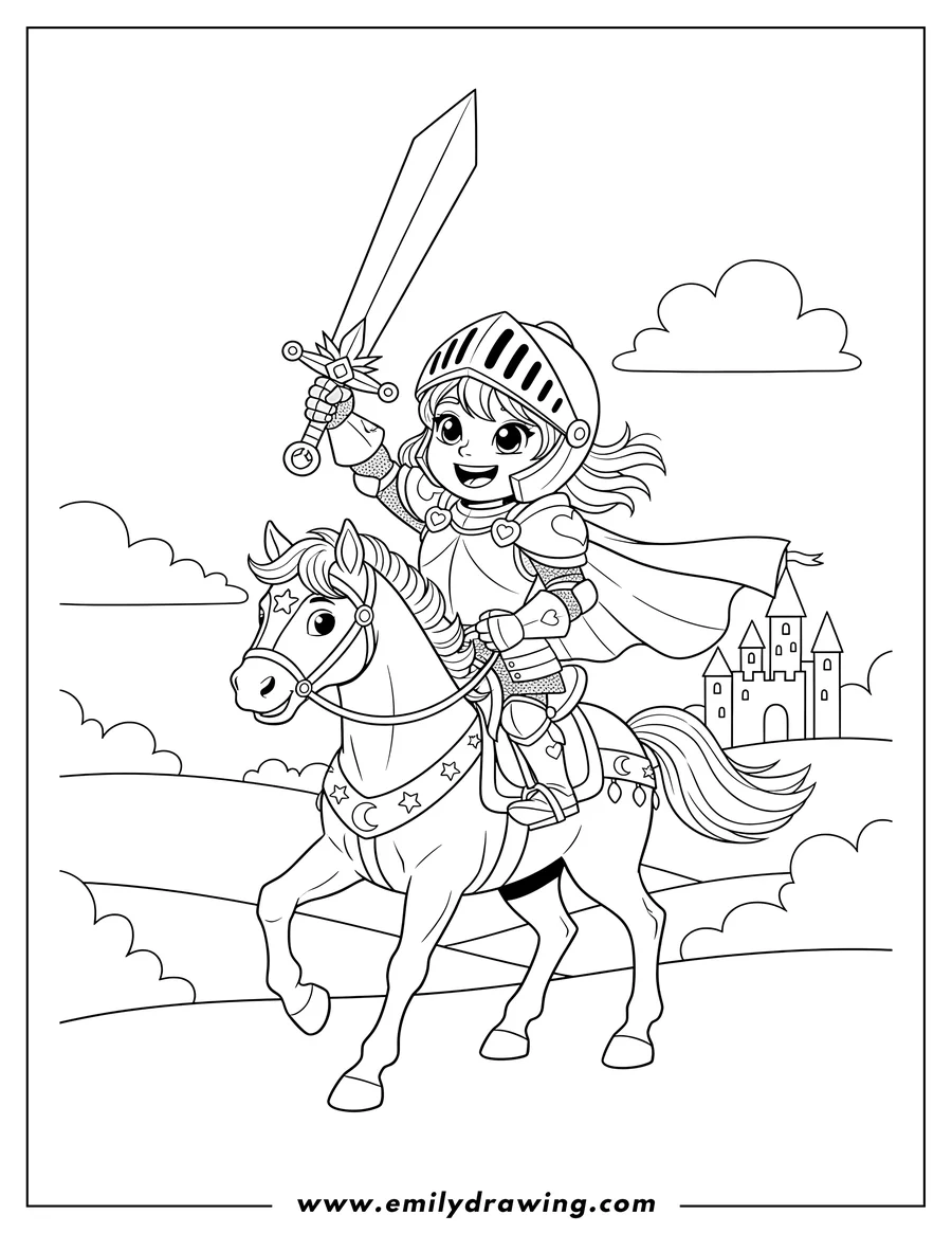Outline drawing of smiling Girl Knight wearing a helmet, riding a horse with a sword held high