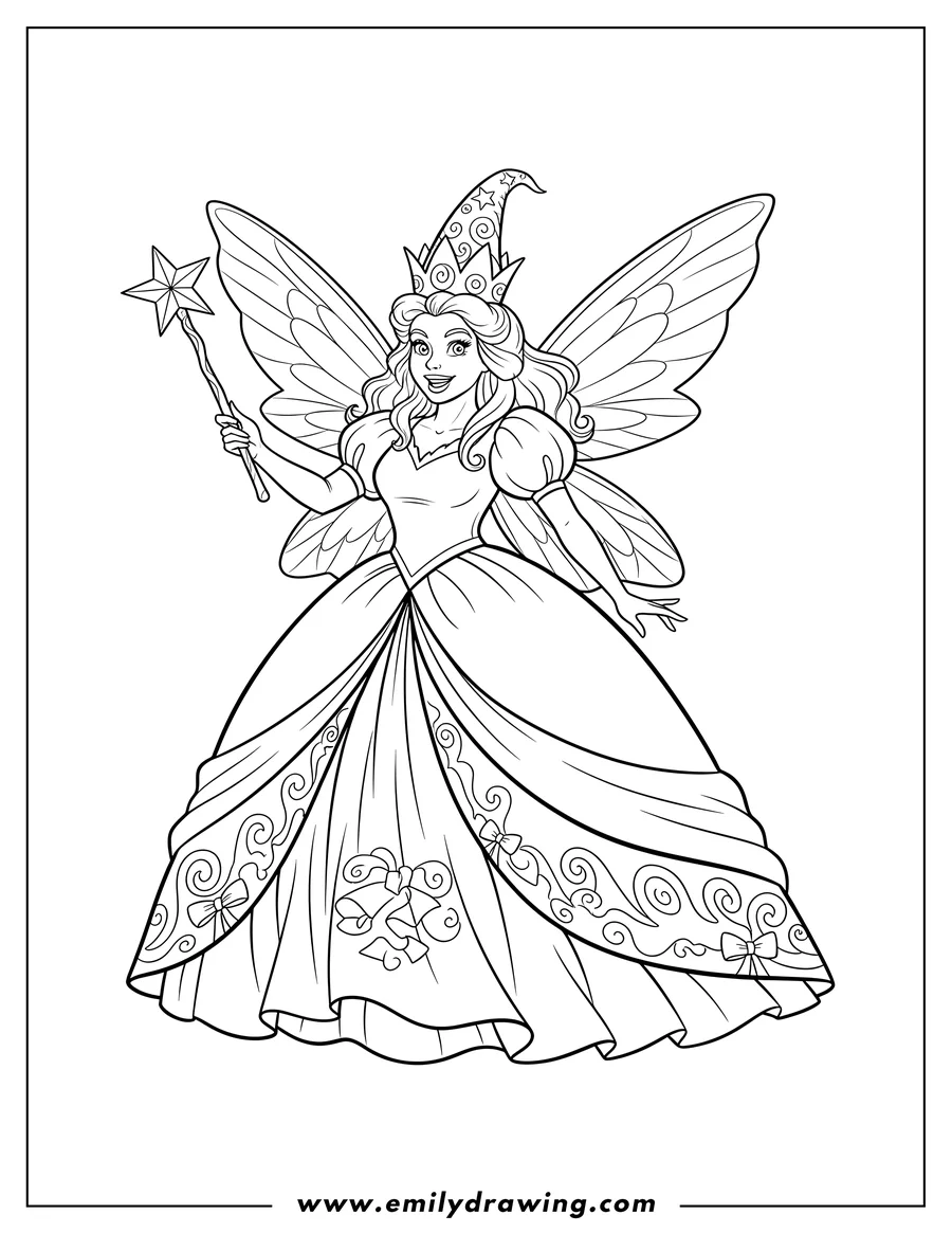 Printable coloring page of smiling Glinda Witch with a tall crown and fairy wings, holding her wand