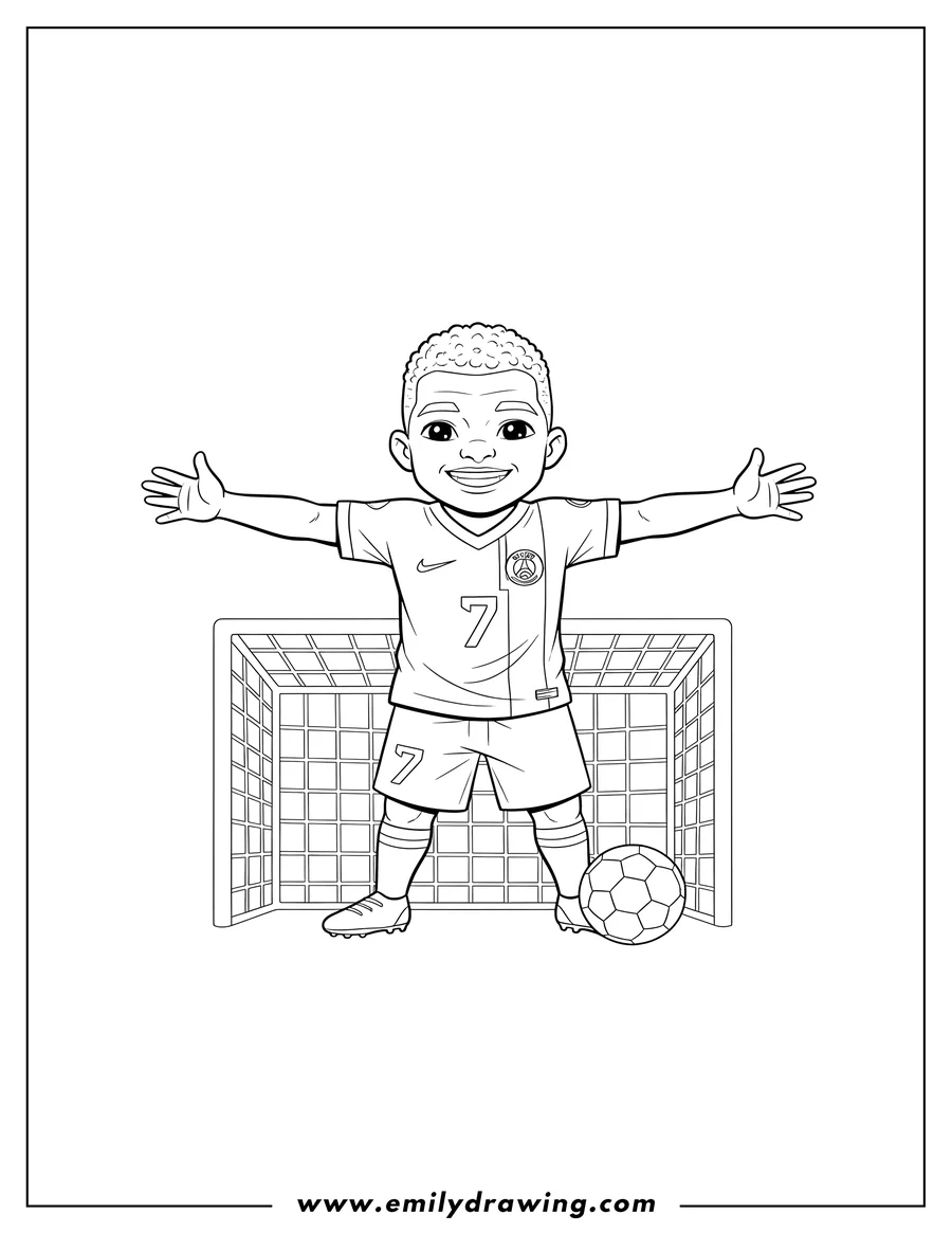 Black and white line art of smiling Kylian Mbappe With Arms Open, wearing his soccer uniform with number 7