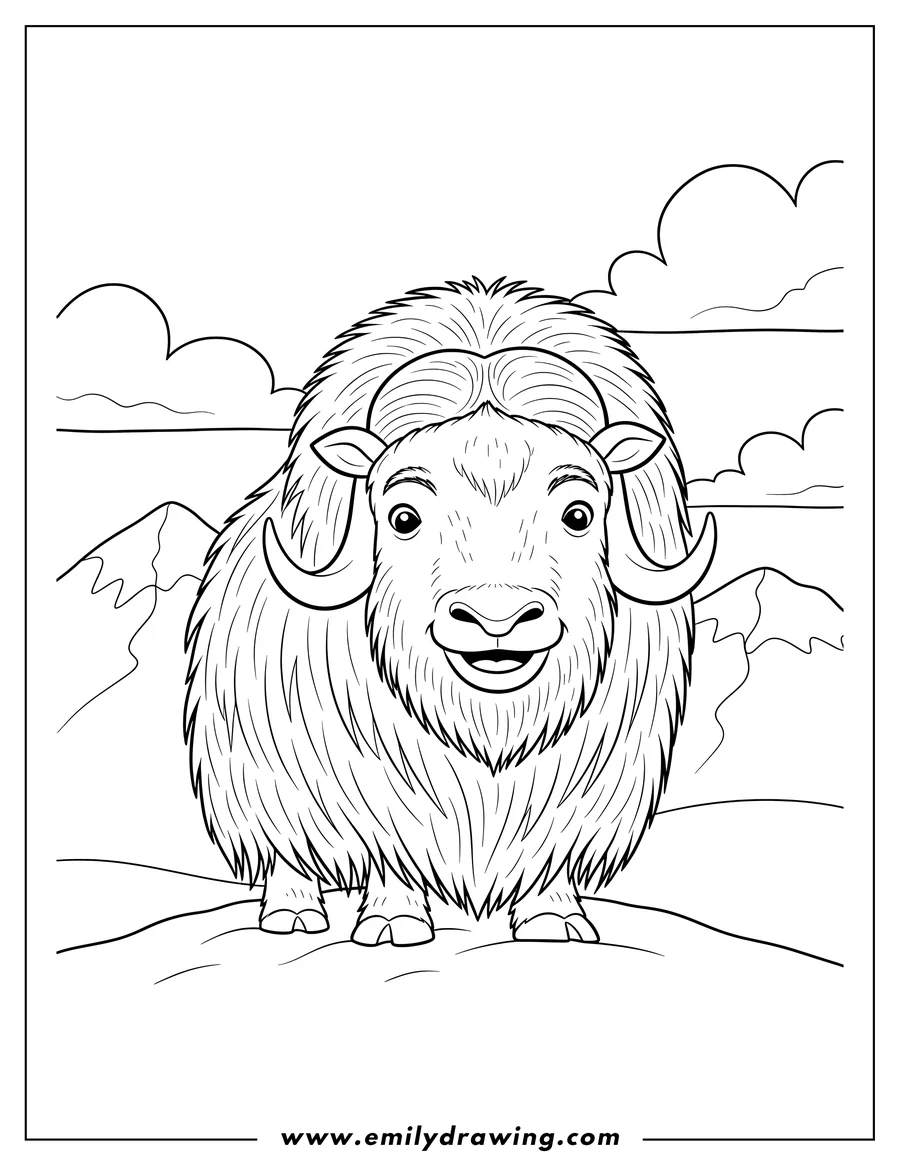 Outline drawing of smiling musk ox with shaggy fur beneath snowy peaks and clouded sky