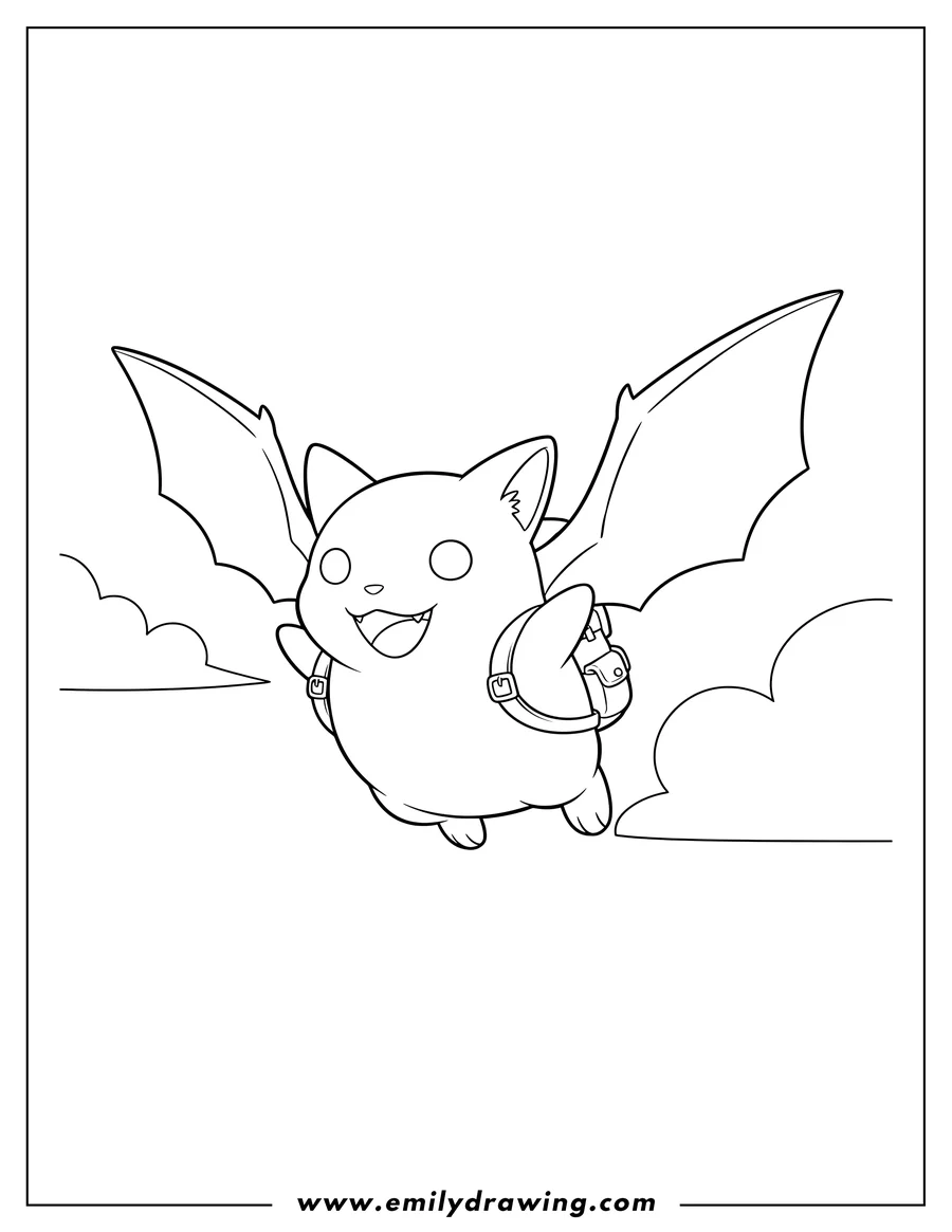 Coloring page of smiling Patamon with large wings flying with a backpack, Digimon