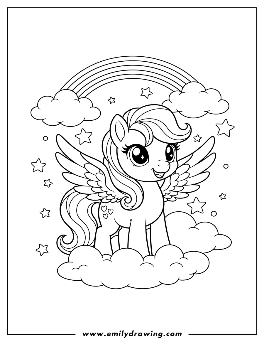 Linear illustration of kawaii smiling Pegasus pony with hearts, stars, and a rainbow in the clouds