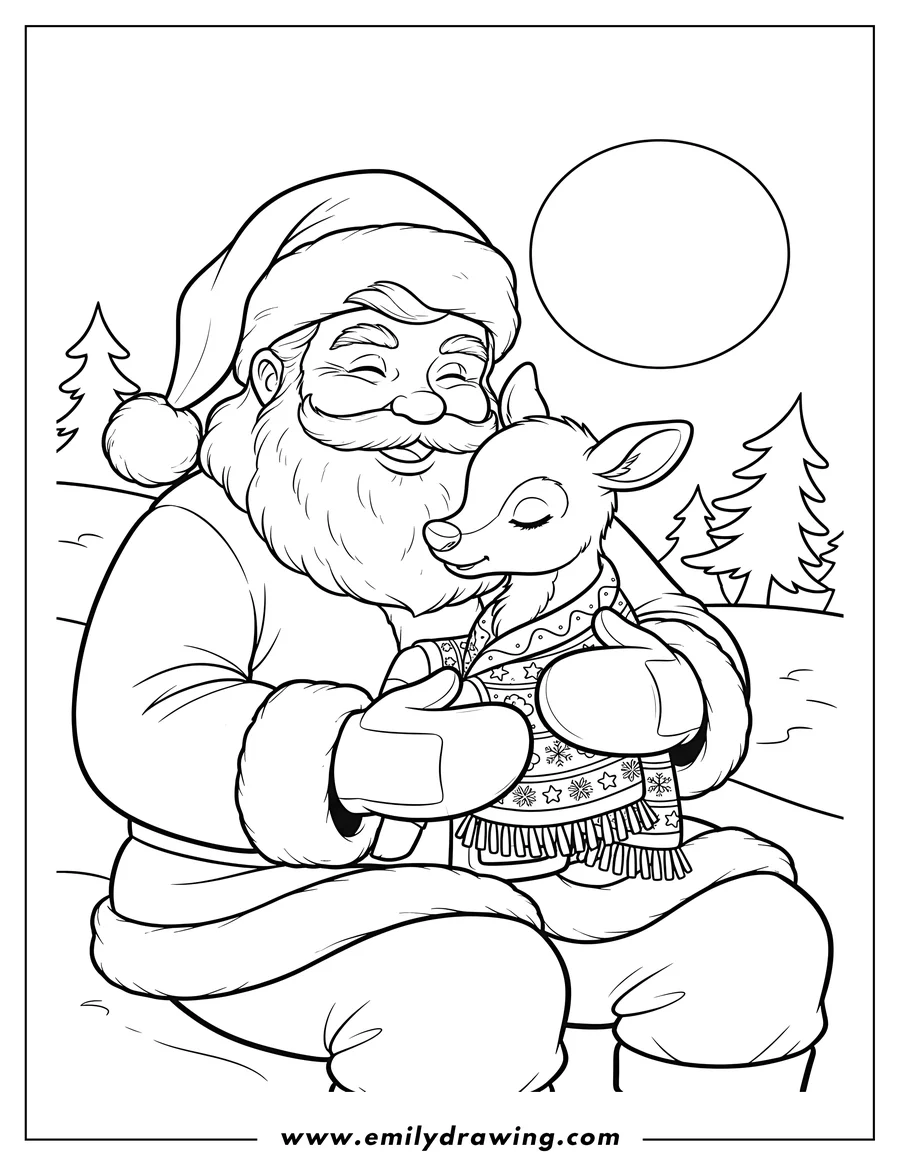 Printable line art of smiling Santa gently holding and comforting a reindeer wearing a decorative blanket