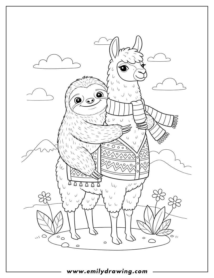 Printable coloring page of smiling Sloth Hugging Llama wearing Striped Scarf and Vest