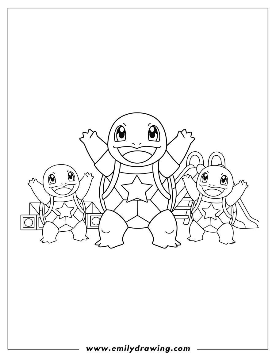 Outline drawing of smiling Squirtle Preschoolers, with arms raised, full body