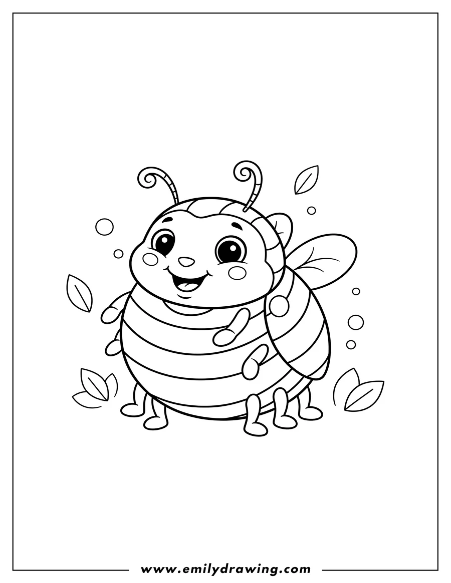 Coloring sheet featuring smiling striped beetle