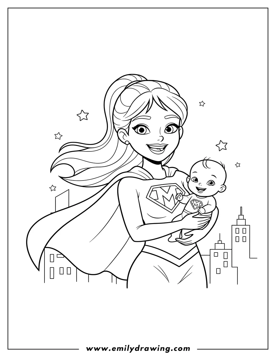 Free to print drawing of smiling Supermom with cape and 'M' emblem holding a baby who also wears an 'M' emblem