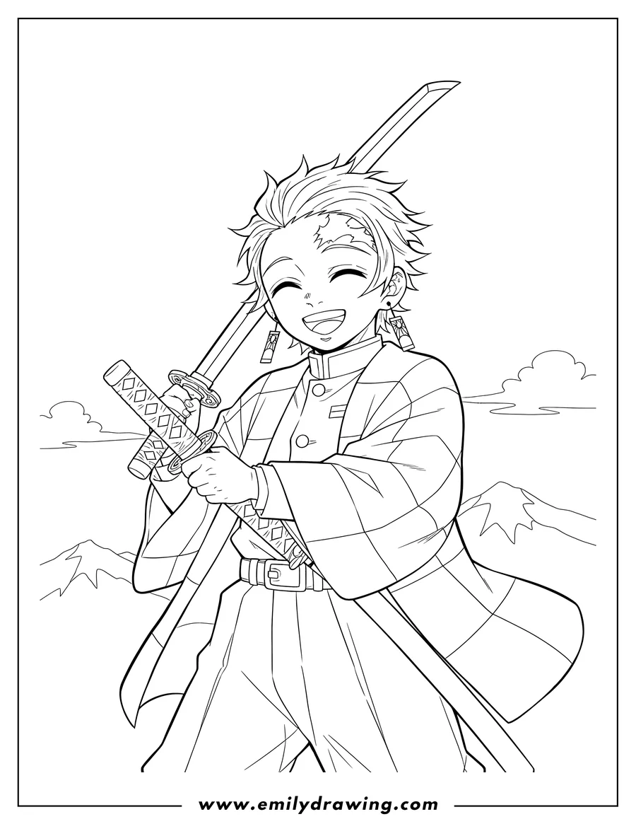 Downloadable coloring page of smiling Tanjiro Kamado holding a sword and wearing his checkered haori