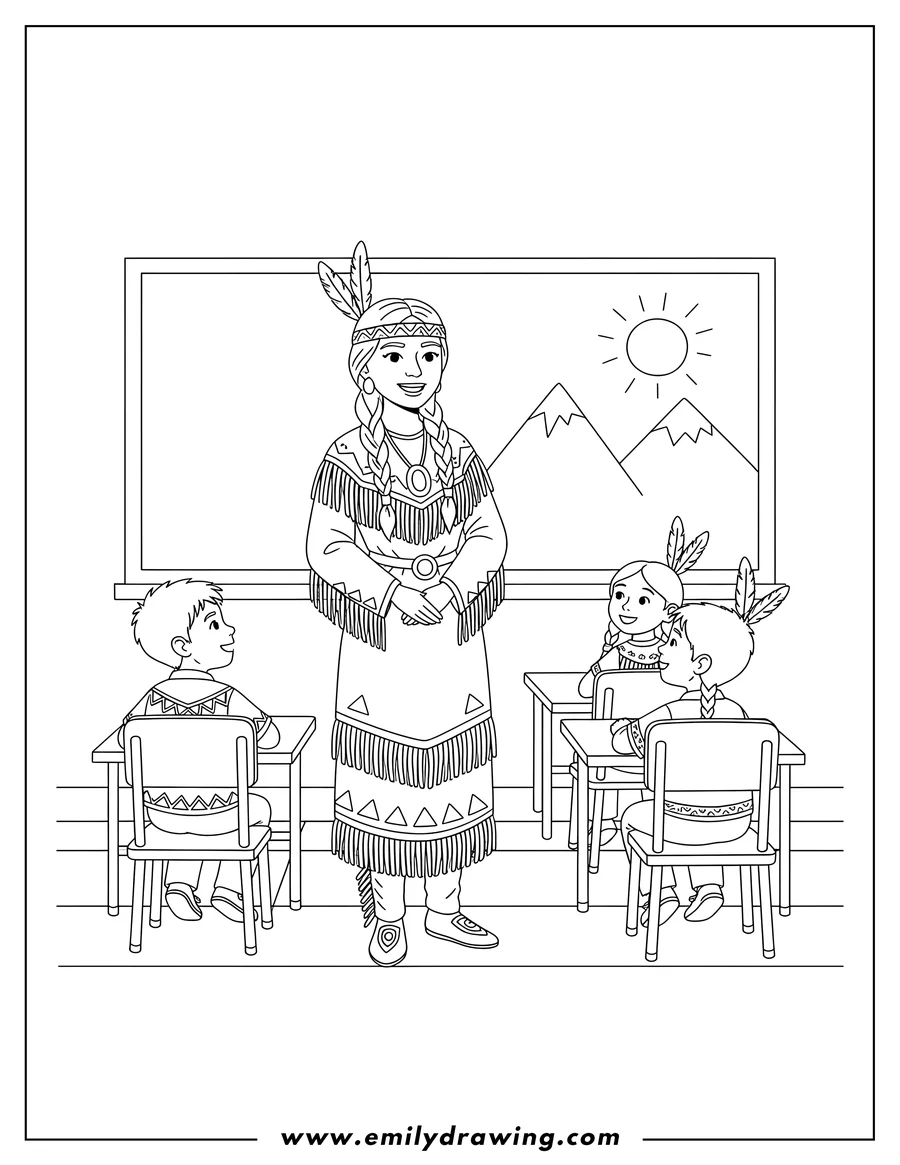 Black and white line art of smiling Native American Teacher Wearing Traditional Dress, hands clasped, in a classroom with students