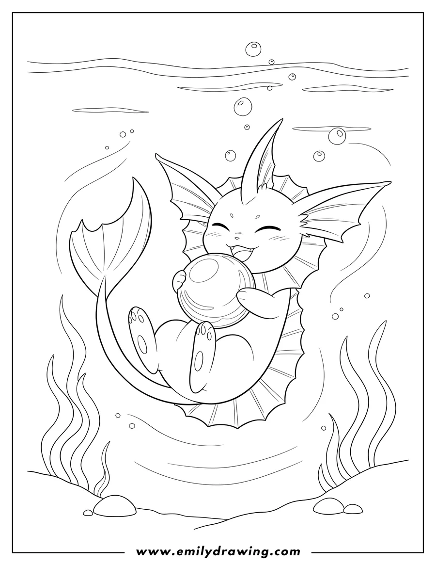 High quality printable smiling Vaporeon lying on its back, cradling a large orb underwater for coloring