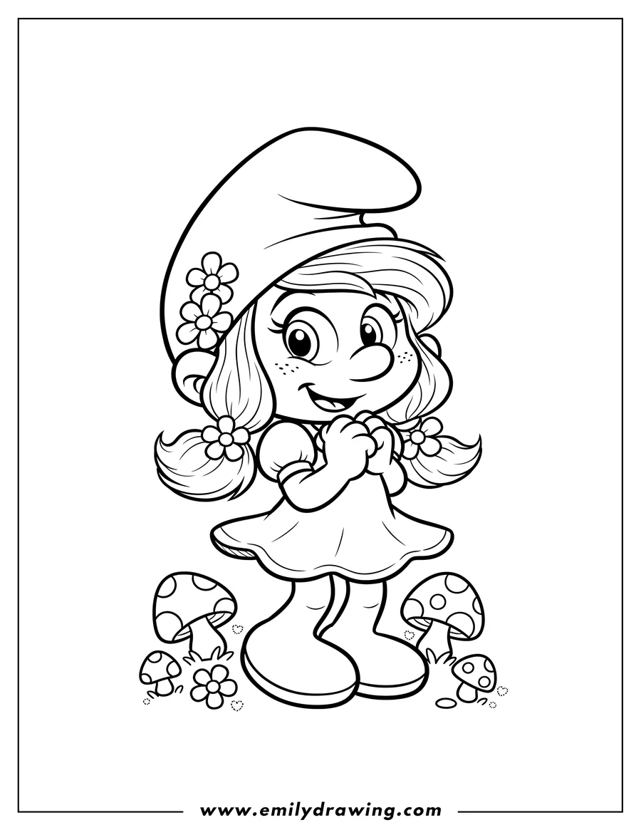 High quality printable kawaii Smurfette smiling sweetly with hands clasped for coloring