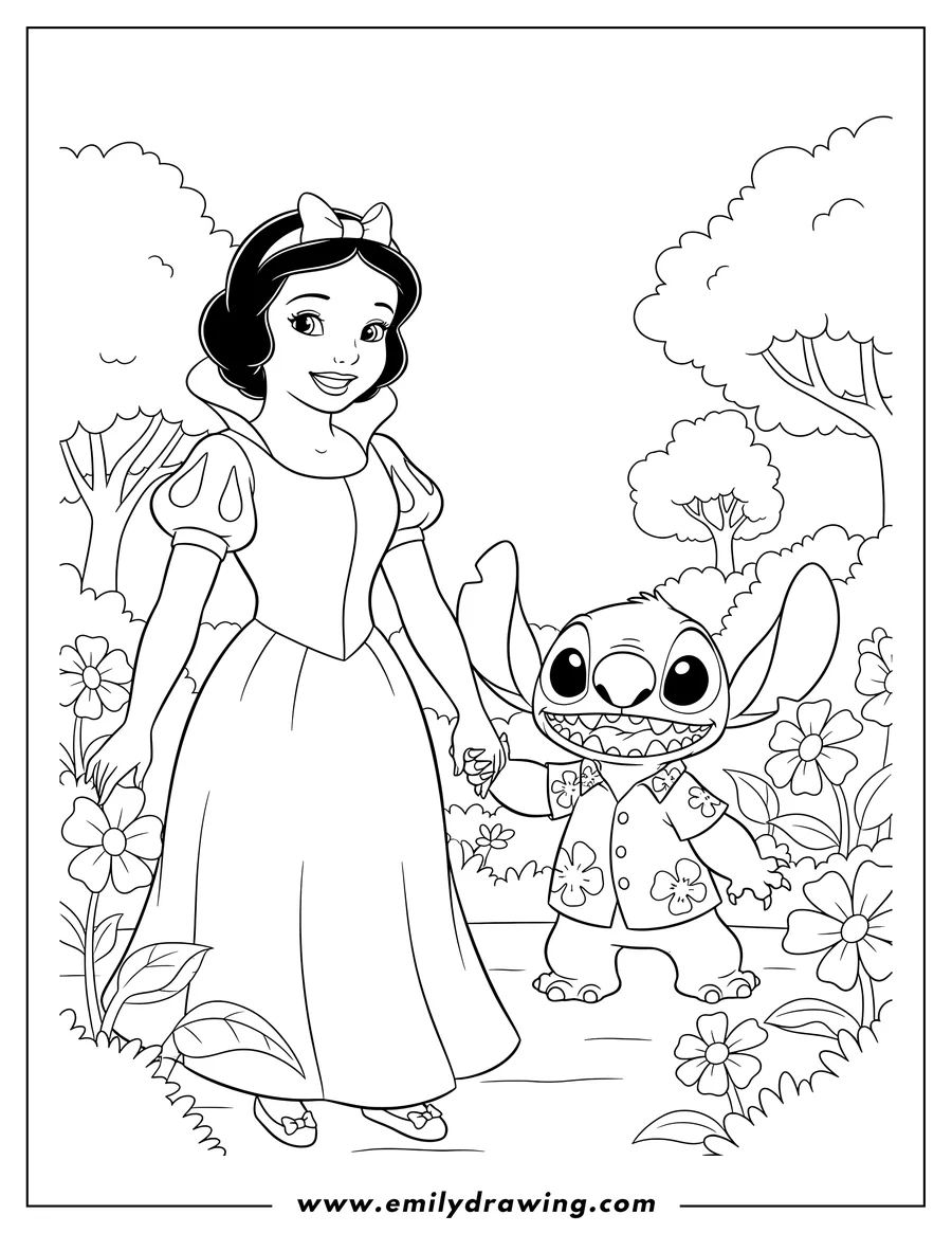 High quality printable snow White smiling and holding hands with Stitch in a garden for coloring