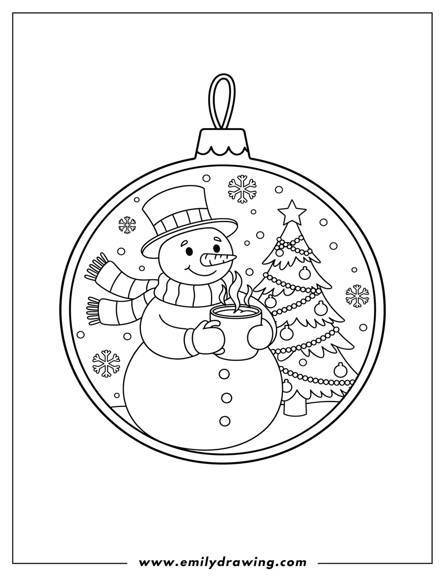 Simple sketch of snowman wearing a hat and scarf, holding a mug of hot chocolate, next to a Christmas tree, inside a Christmas bauble with falling snow to color