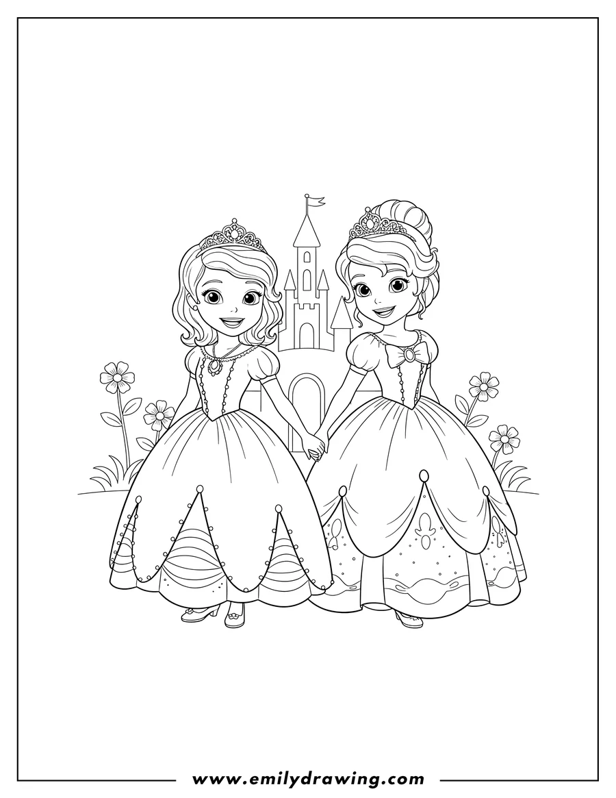 PDF style coloring page: princess Sofia With Princess Amber holding hands and smiling