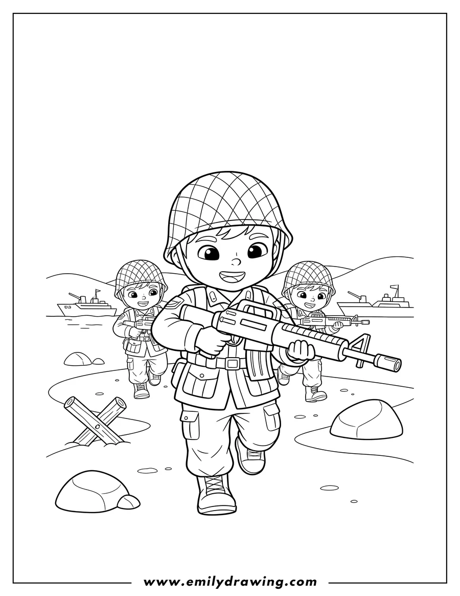 Coloring page of call Duty Iii Battle Normandy, featuring soldiers advancing, with a lead soldier in the foreground holding a rifle