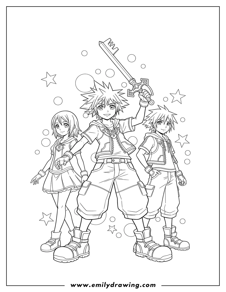 Coloring page for kids: sora holding a Keyblade in the center, flanked by Kairi and Riku, with a starry background