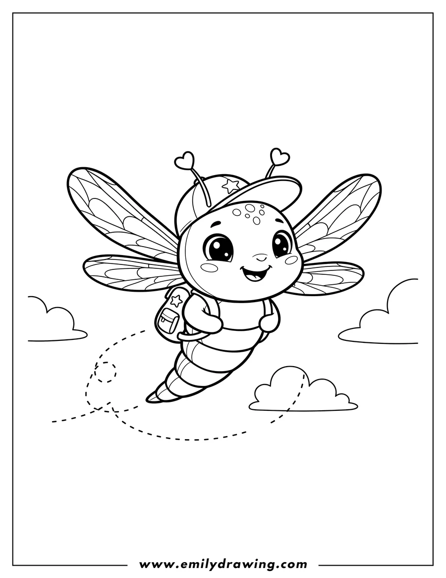 Doodle style coloring picture of kawaii Sparx Preschoolers, a smiling cartoon dragonfly flying