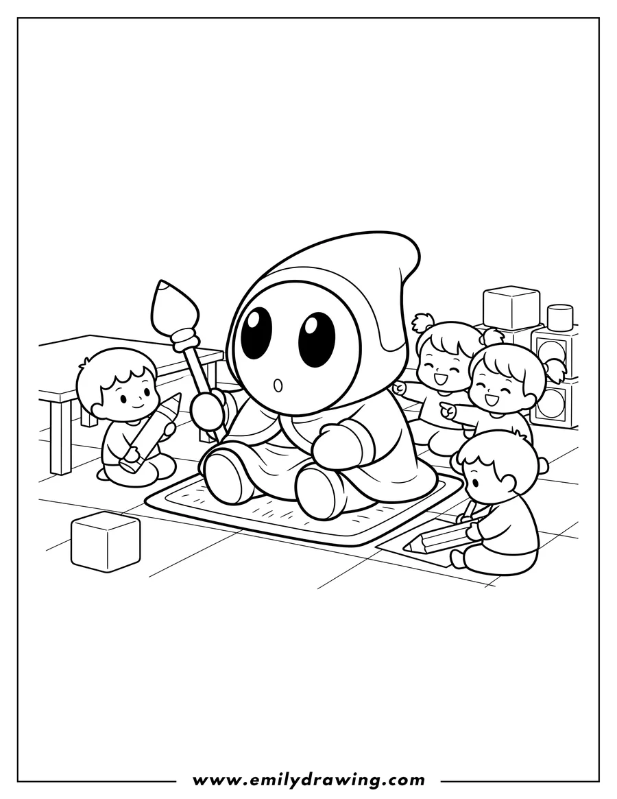 Linear illustration of kawaii Spear Shy Guy sitting with spear, preschoolers
