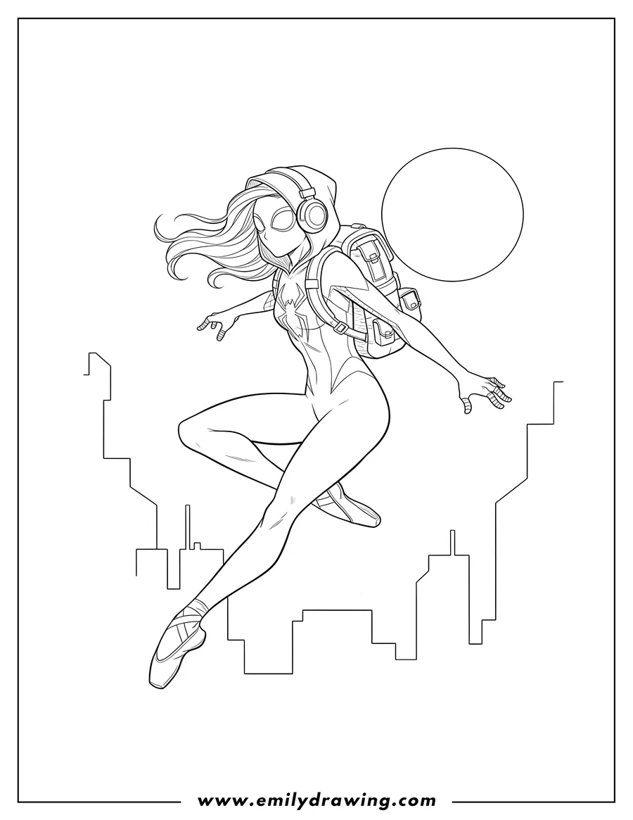 Clean line drawing: spider Gwen Wearing Headphones And Backpack, leaping, with ballet shoes