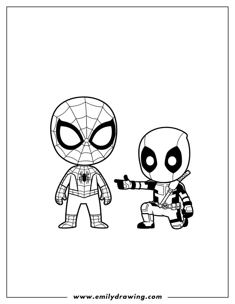 Doodle style coloring picture of kawaii Spider Man standing and Deadpool kneeling, reaching out, to color