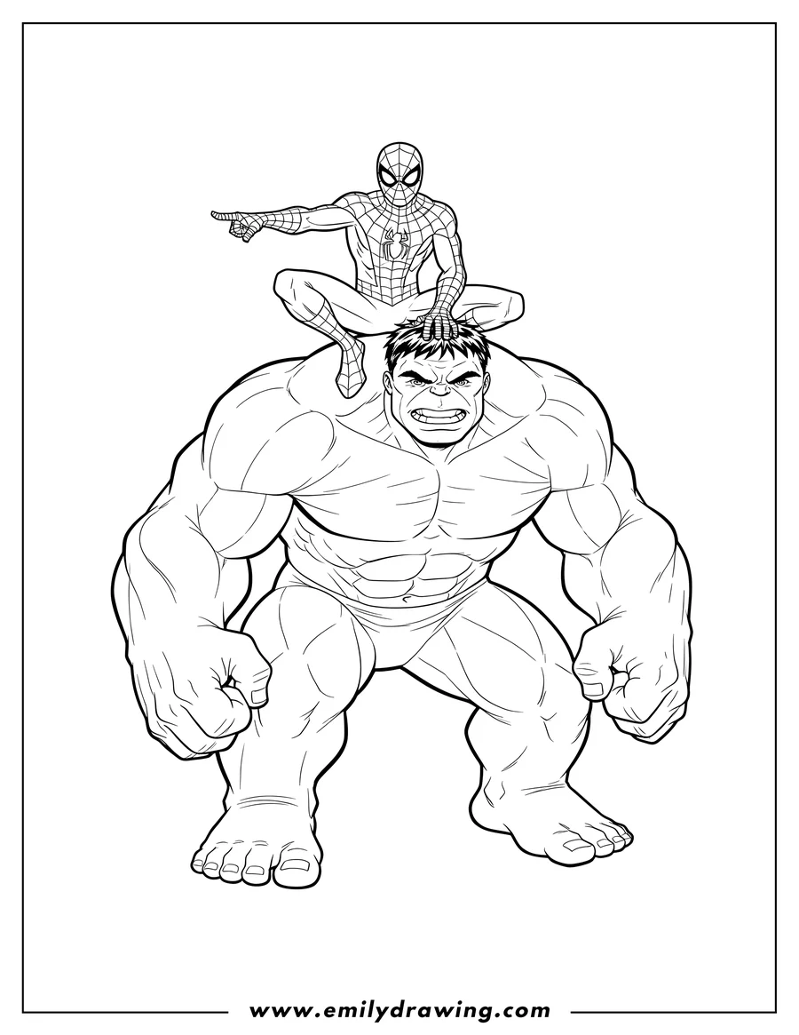 Vector style outline of spider Man And Hulk Scaled, with Spider-Man perched on Hulk's shoulder as Hulk crouches
