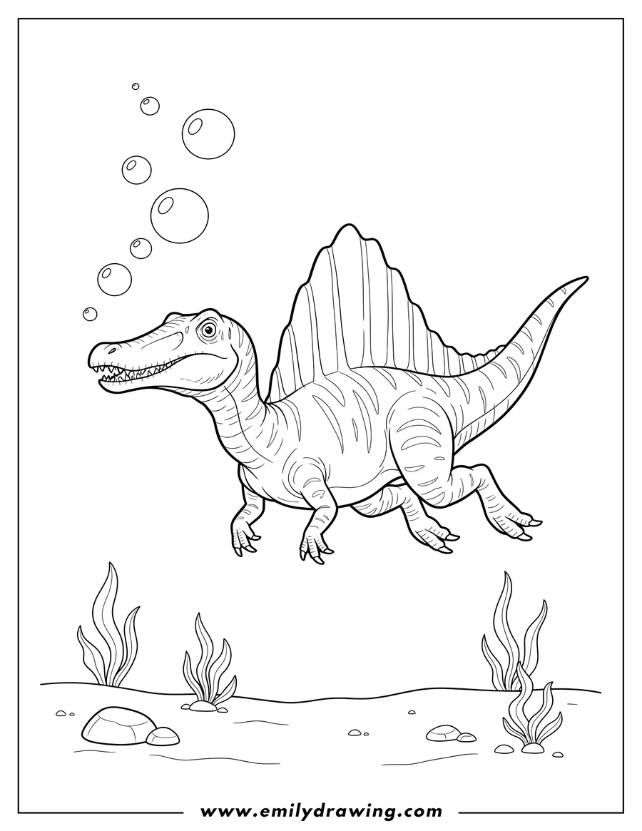 Black and white line art of spinosaurus Swimming Underwater, with large sail and bubbles
