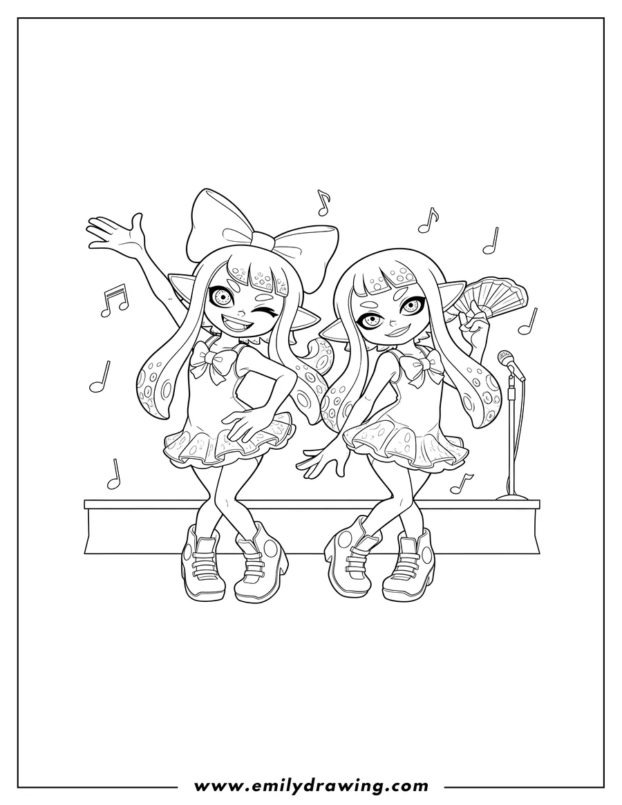 PDF style coloring page: splatoon Squid Sisters Callie And Marie dancing and winking