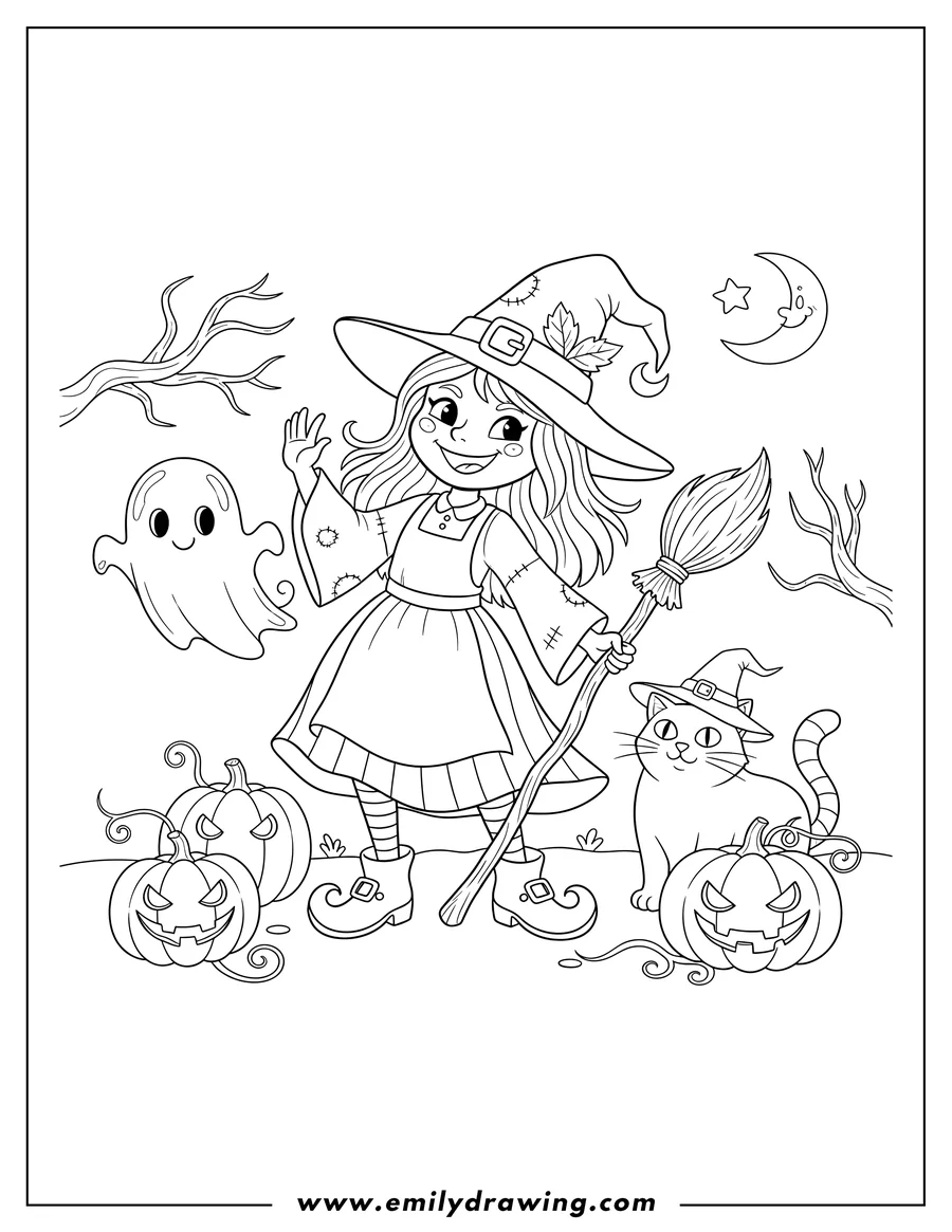 Free printable coloring sheet of spooky Autumn witch with a wicked smile, a ghost, a black cat wearing a witch hat, and pumpkins