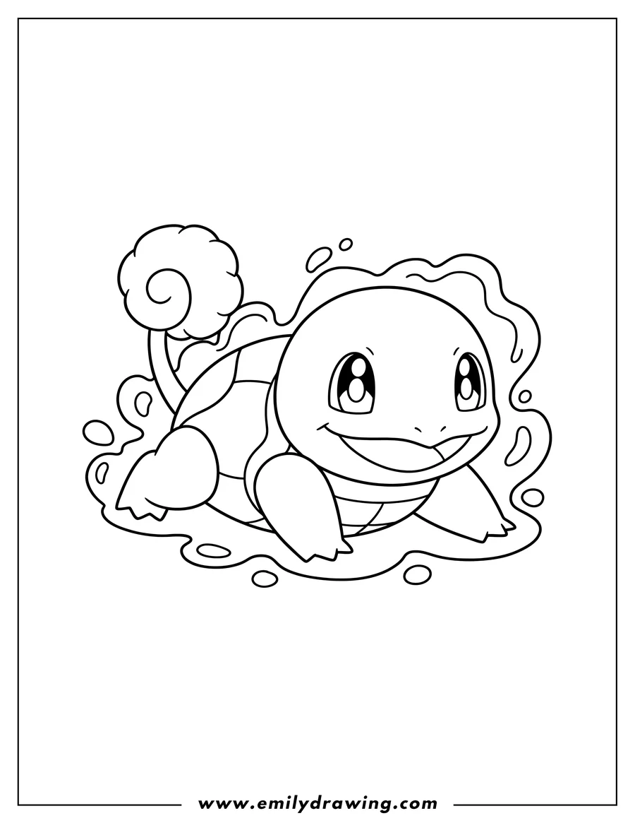 Black and white line art of kawaii Squirtle lying on its stomach and smiling with a curly tail