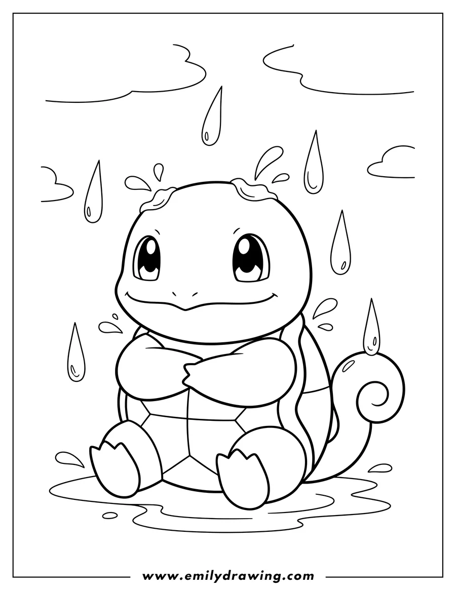 Vector style outline of A kawaii Squirtle, preschooler-style, sitting with arms crossed, smiling, with raindrops