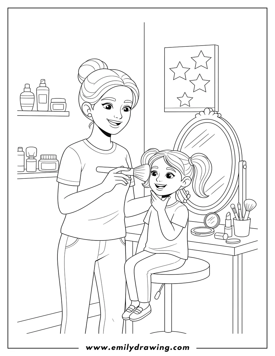 Clean line drawing: standing makeup artist applying powder with a brush to a customer sitting on a stool