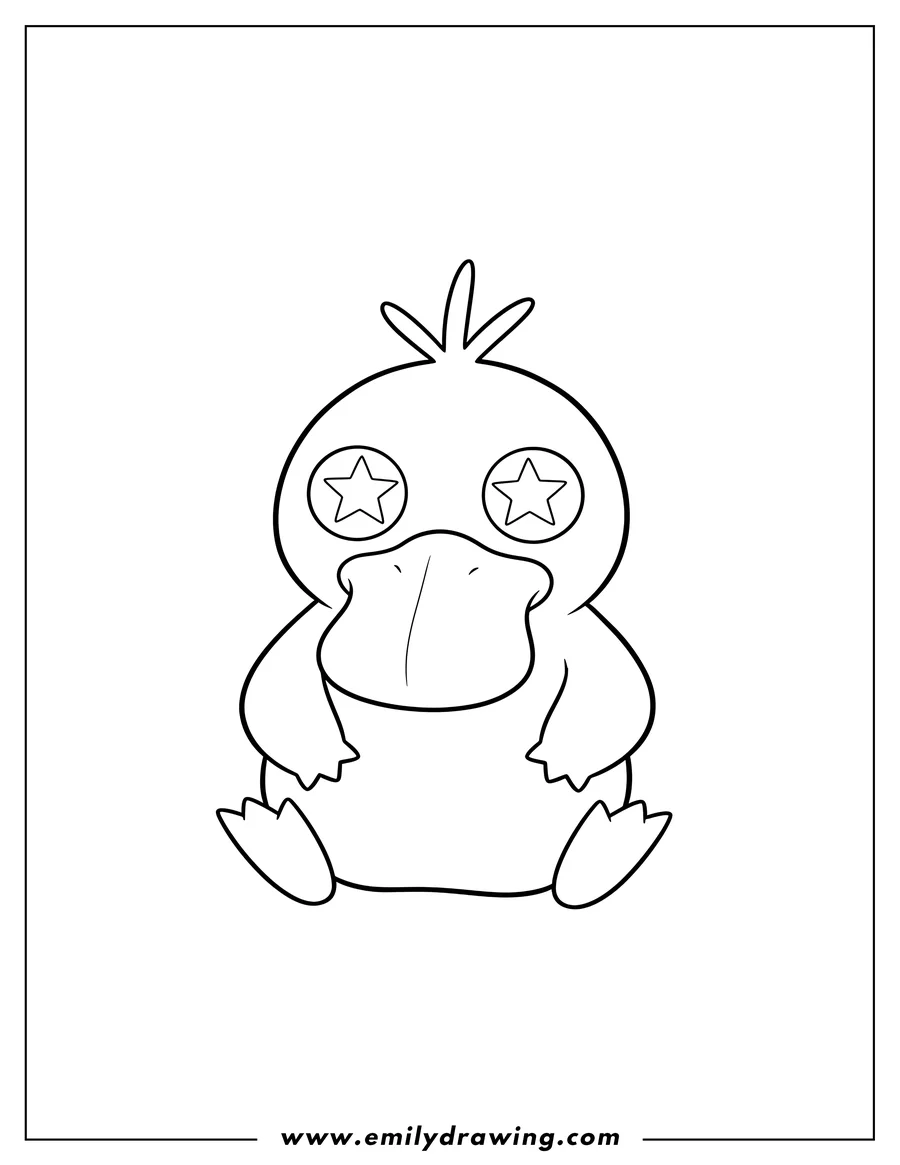 Free printable coloring sheet of starry Eyed Psyduck with its paws tucked in