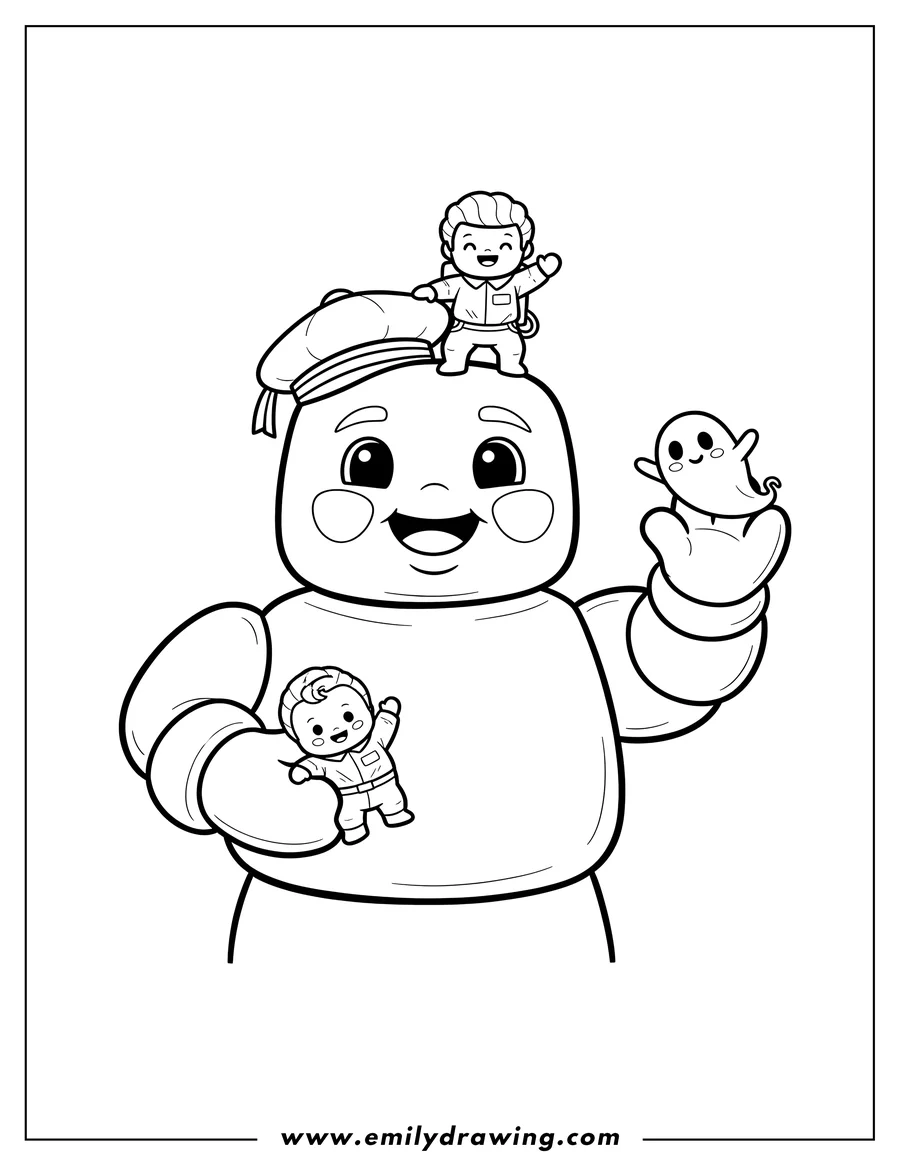 Doodle style coloring picture of kawaii Stay Puft Marshmallow Man happily carrying Ghostbusters (one on his hand, one on his head, and a baby in his arm), with a small ghost nearby