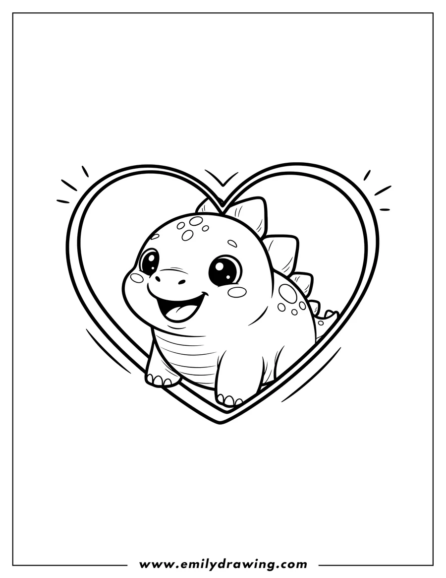 Black and white line art of kawaii Stegosaurus smiling inside a heart for preschoolers